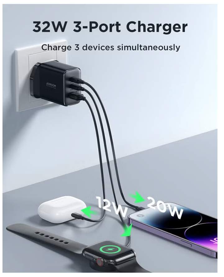 Flash memory series 32W A+2C three-port charger with QC 3.0 support. Wall travel adapter 32W fast power charger, compatible with Samsung AFC, Huawei SCP and other lower versions of iPhone-Etc. Black
