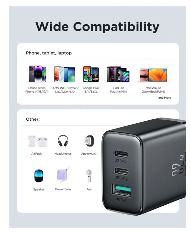 Flash memory series 32W A+2C three-port charger with QC 3.0 support. Wall travel adapter 32W fast power charger, compatible with Samsung AFC, Huawei SCP and other lower versions of iPhone-Etc. Black